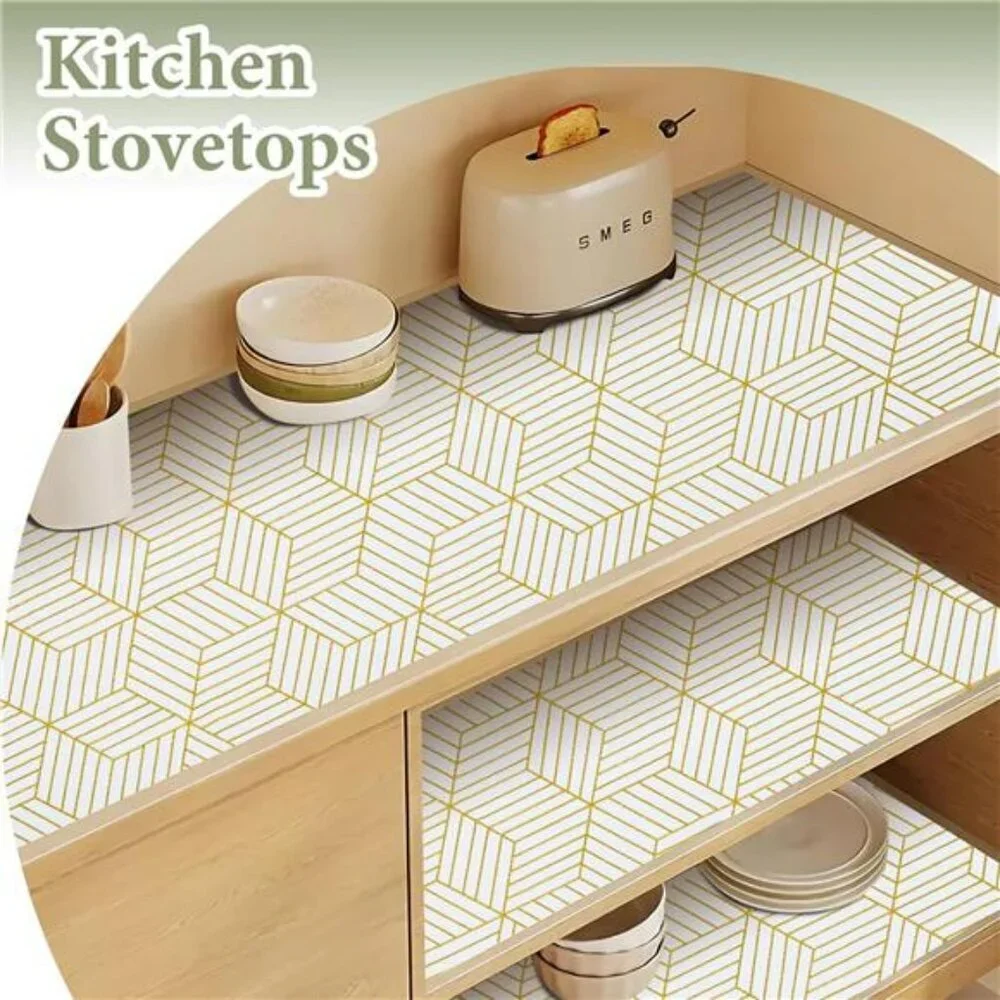 Gold Geometric Shelf Liner 12x20ft Non Slip Kitchen Cabinet Drawer Liner Durable